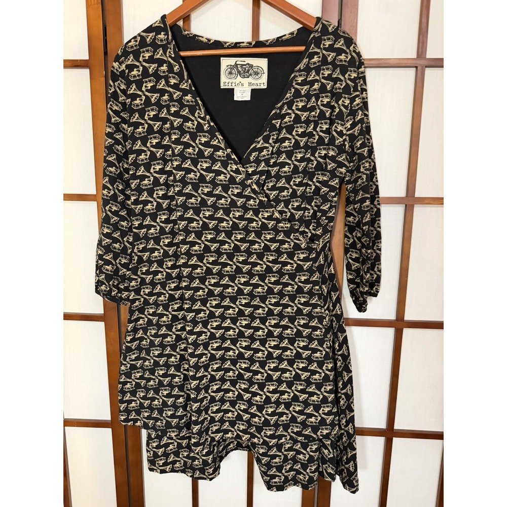 Effie's Heart Faux Wrap Dress XL Black Gramophone Fairy Whimsy Fit & Flare